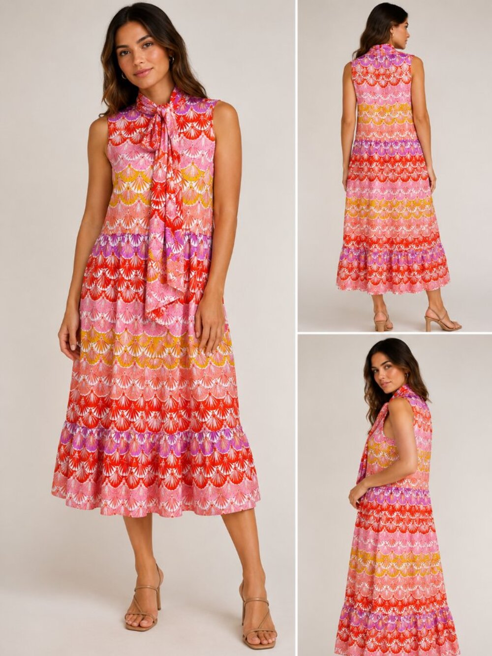Never Fully Dressed Sleeveless Bow Neck Midi Dress Women's US8 Pink Orange Print